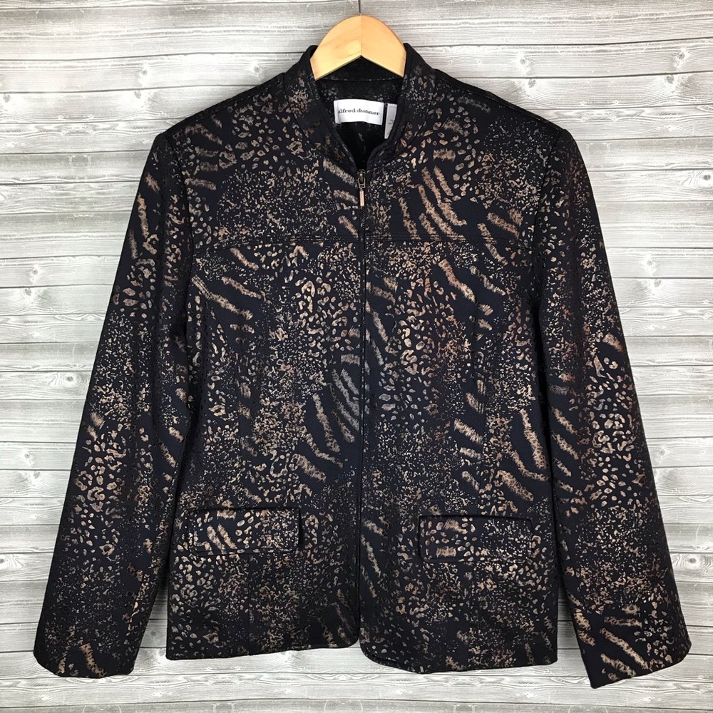 Alfred Dunner navy gold foiled animal print zip jacket